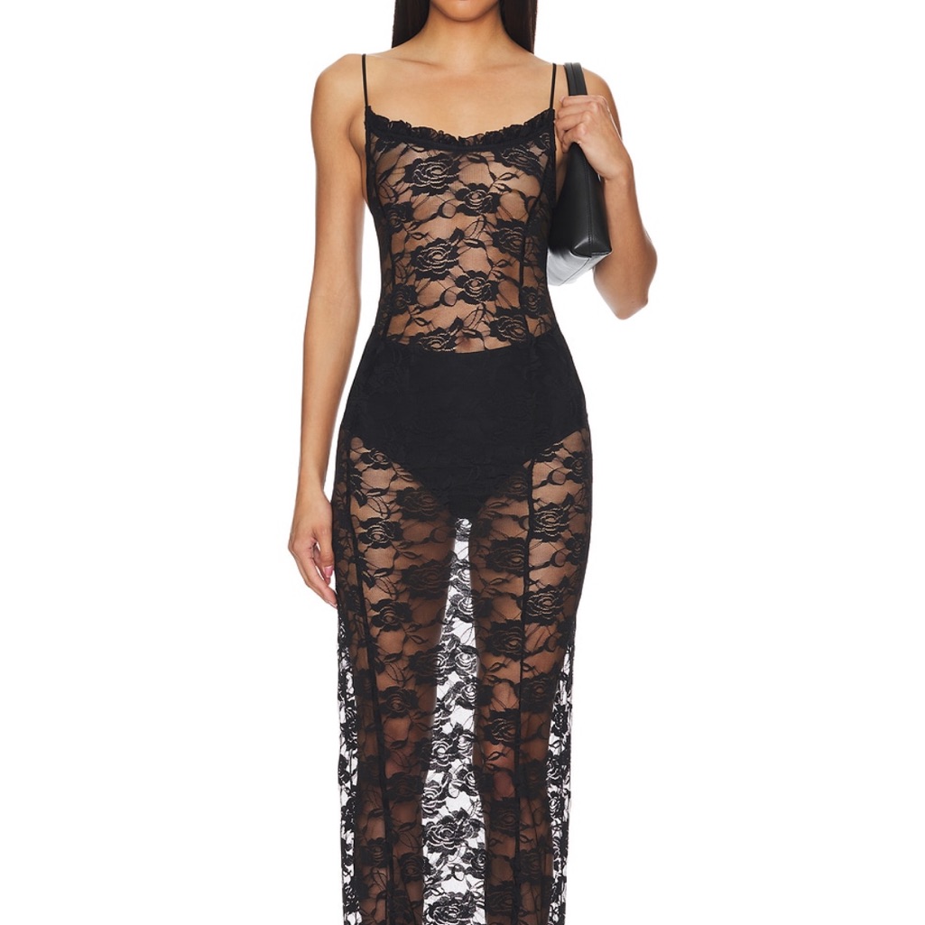 Indah Dakota Dress- Black Lace Chemise With Sheer Floral Design